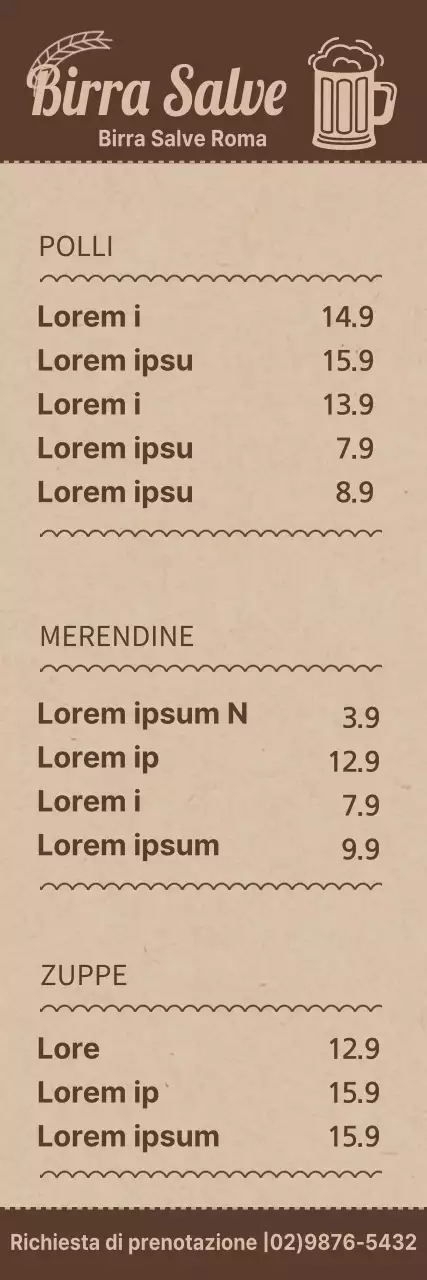 Guida al menu per una birreria di semplice concezione nei colori marrone e marrone chiaro