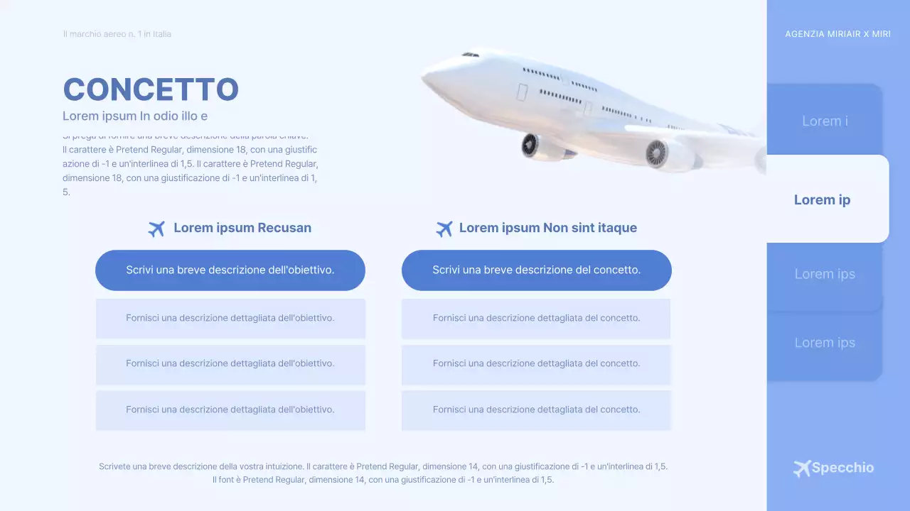Concetto di aereo tridimensionale azzurro brief pubblicitario della compagnia aerea