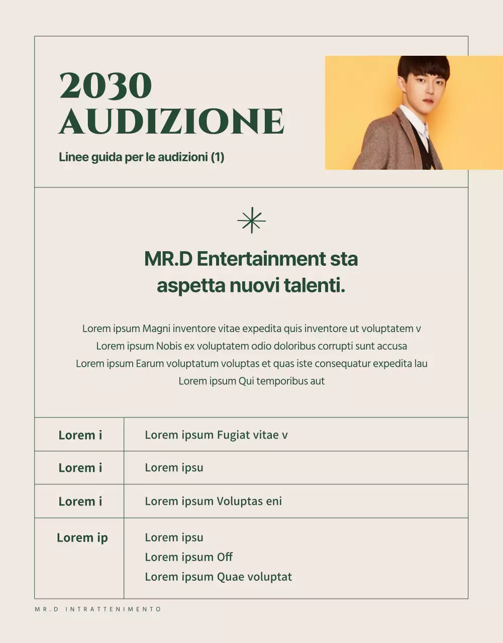 Annuncio di audizione pulito, verde e beige