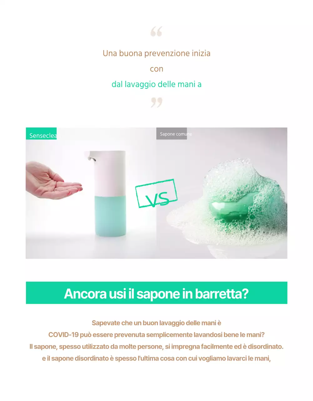 Semplice pagina di vendita dell'elettronica per l'igienizzazione delle mani con sensore color menta