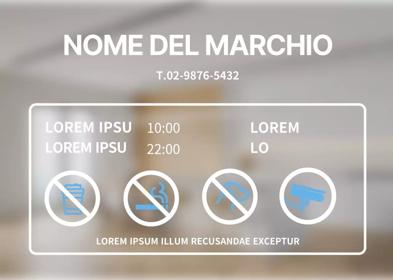 Poster trasparente di colore azzurro con il marchio degli orari di apertura semplici