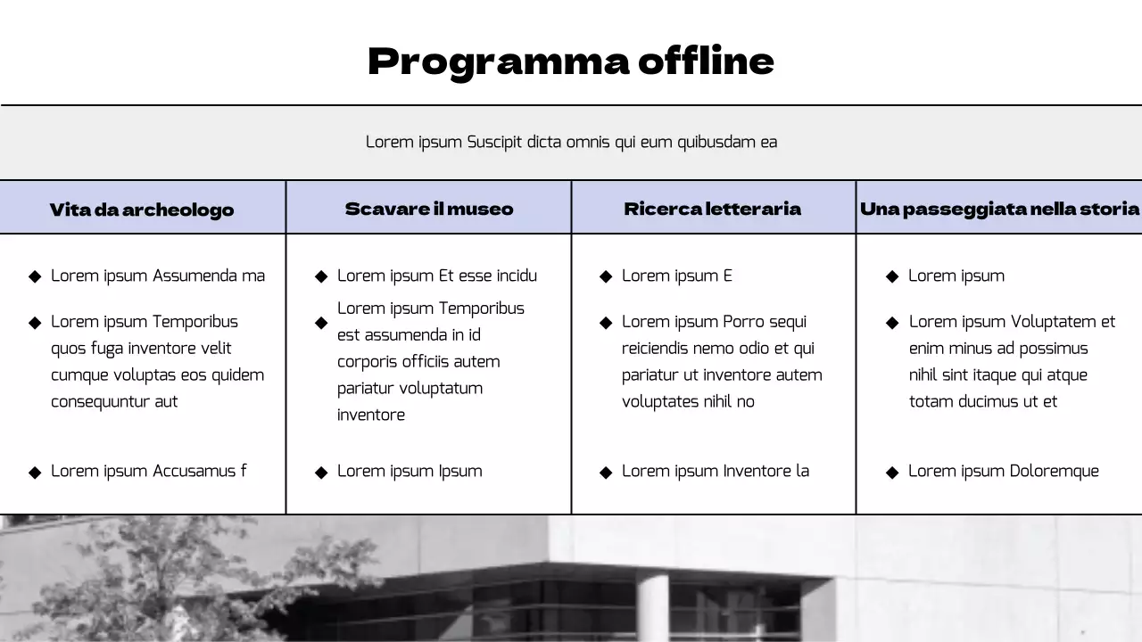 Pianificare un moderno programma museale in nero e viola