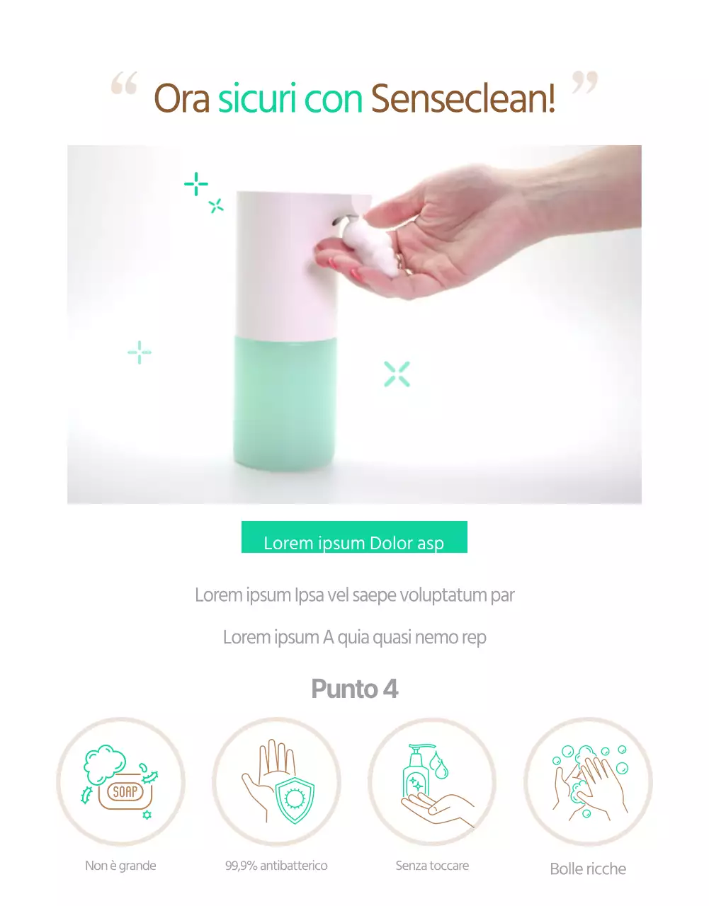 Semplice pagina di vendita dell'elettronica per l'igienizzazione delle mani con sensore color menta