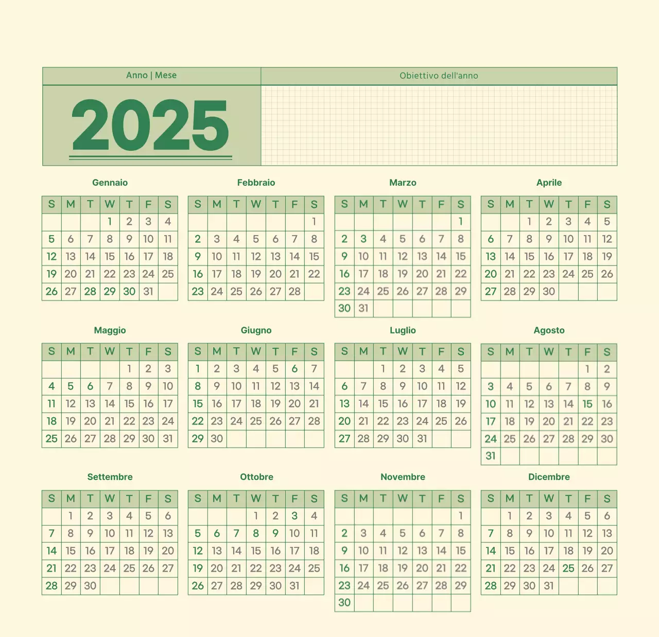 Calendario da parete SAT D-day concept in verde e giallo chiaro