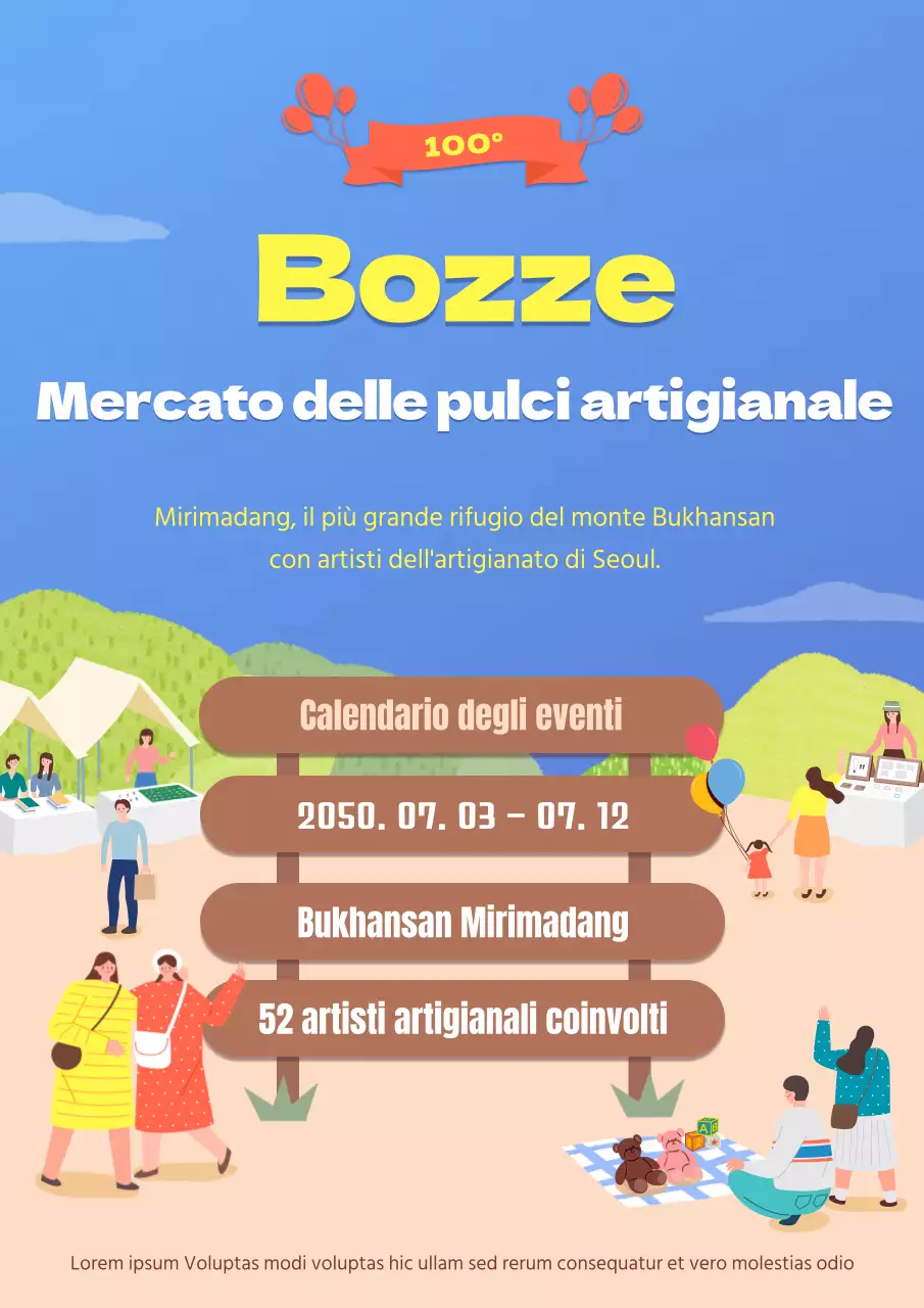 Mercatino delle pulci illustrato, fatto a mano, in giallo e marrone