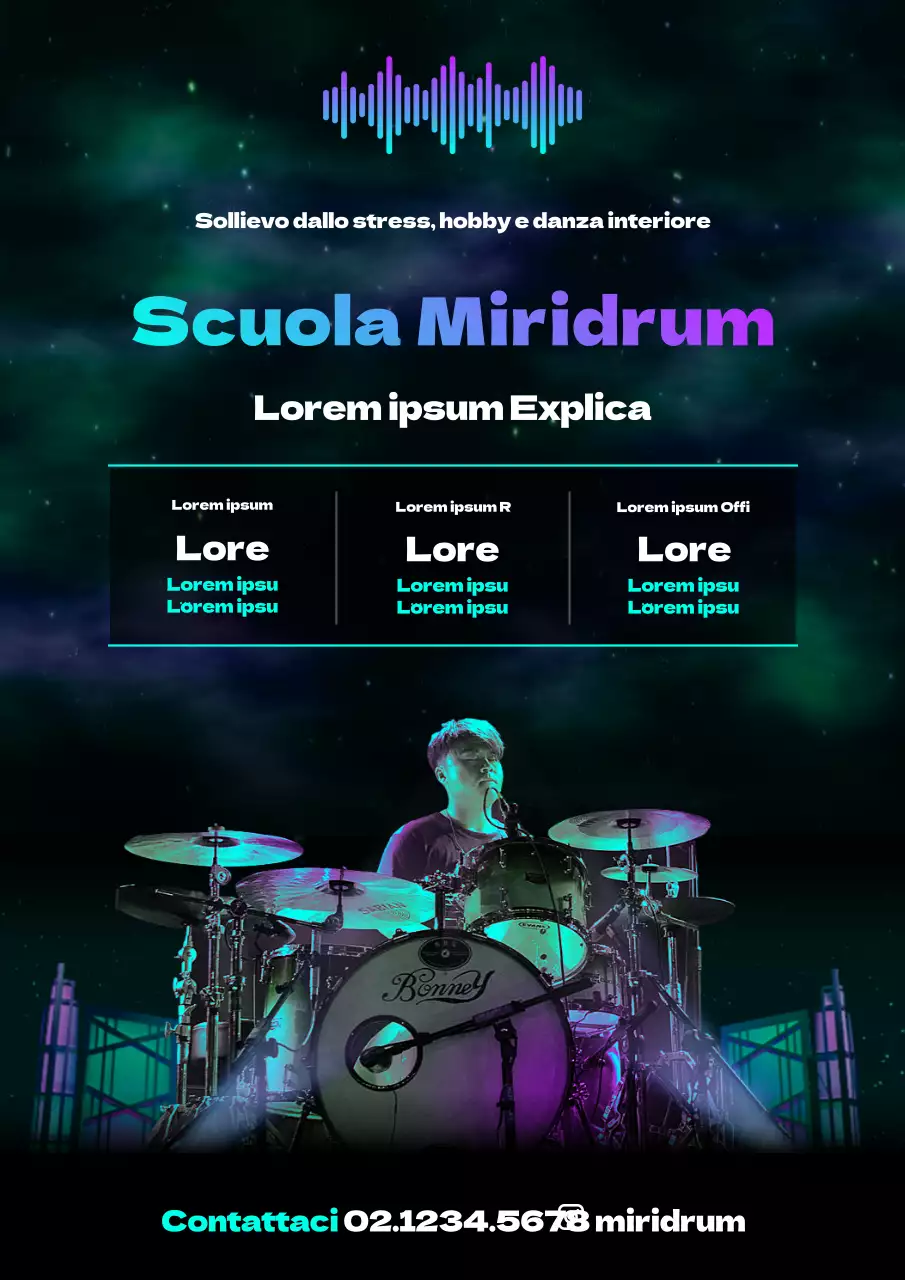 Tema promozionale aurora misteriosa colorata al neon per scuola di batteria