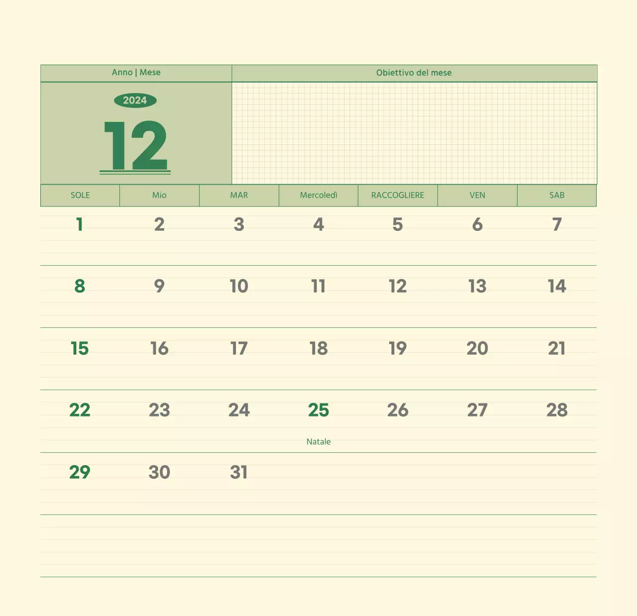 Calendario da parete SAT D-day concept in verde e giallo chiaro