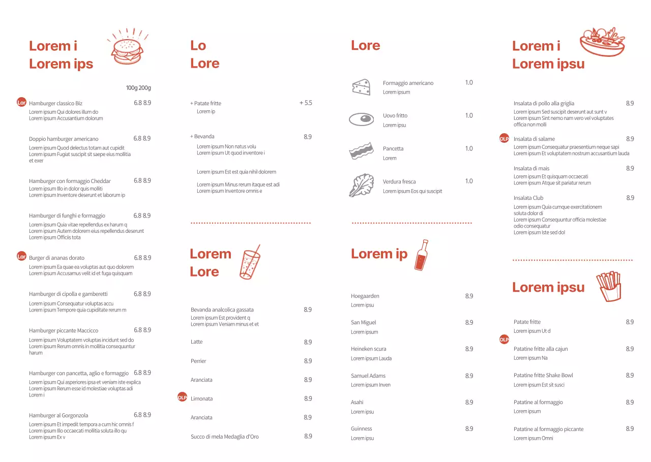 Cartellone di promozione e menu per hamburger fatto a mano in stile semplice rosso e bianco