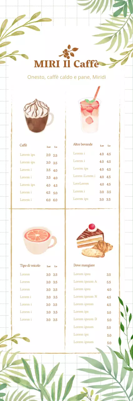 Foglie fresche caffè dessert menu illustrazione banner