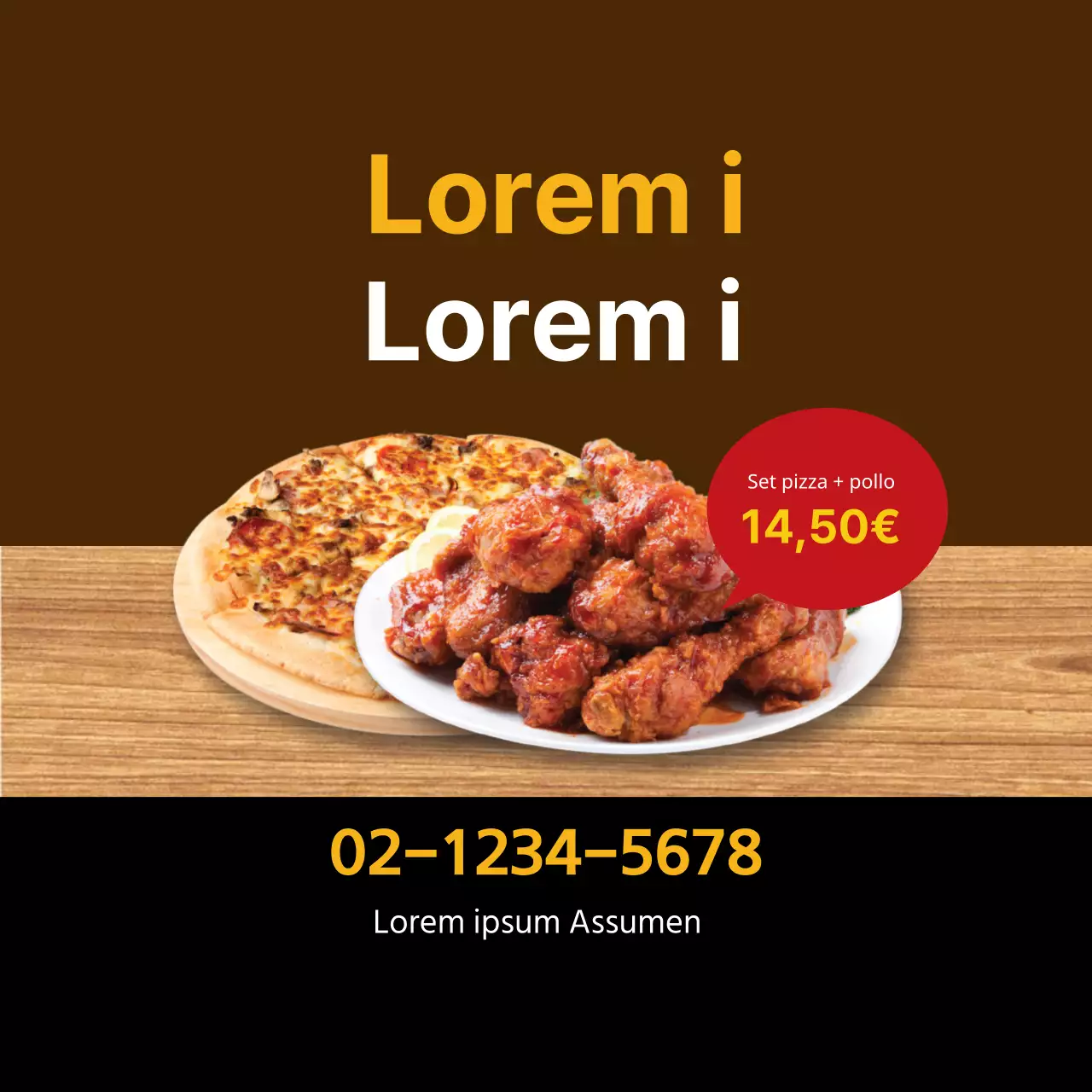 Una foto marrone mette in evidenza un ristorante pulito che promuove la pizza di pollo