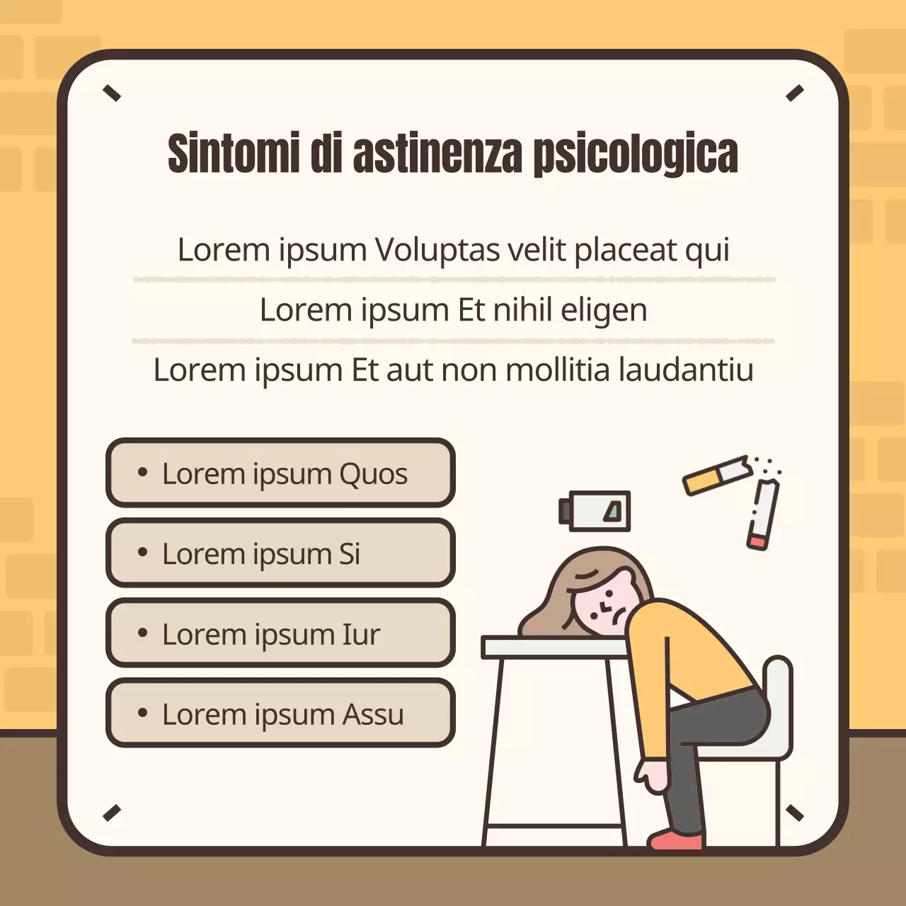 Simpatica illustrazione gialla e marrone dei sintomi dell'astinenza da fumo