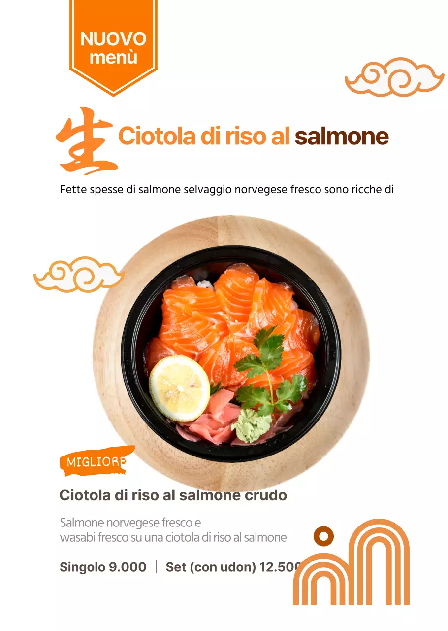 Locandina semplice e trasparente per un ristorante giapponese con ciotola di salmone in un vivace colore rosso