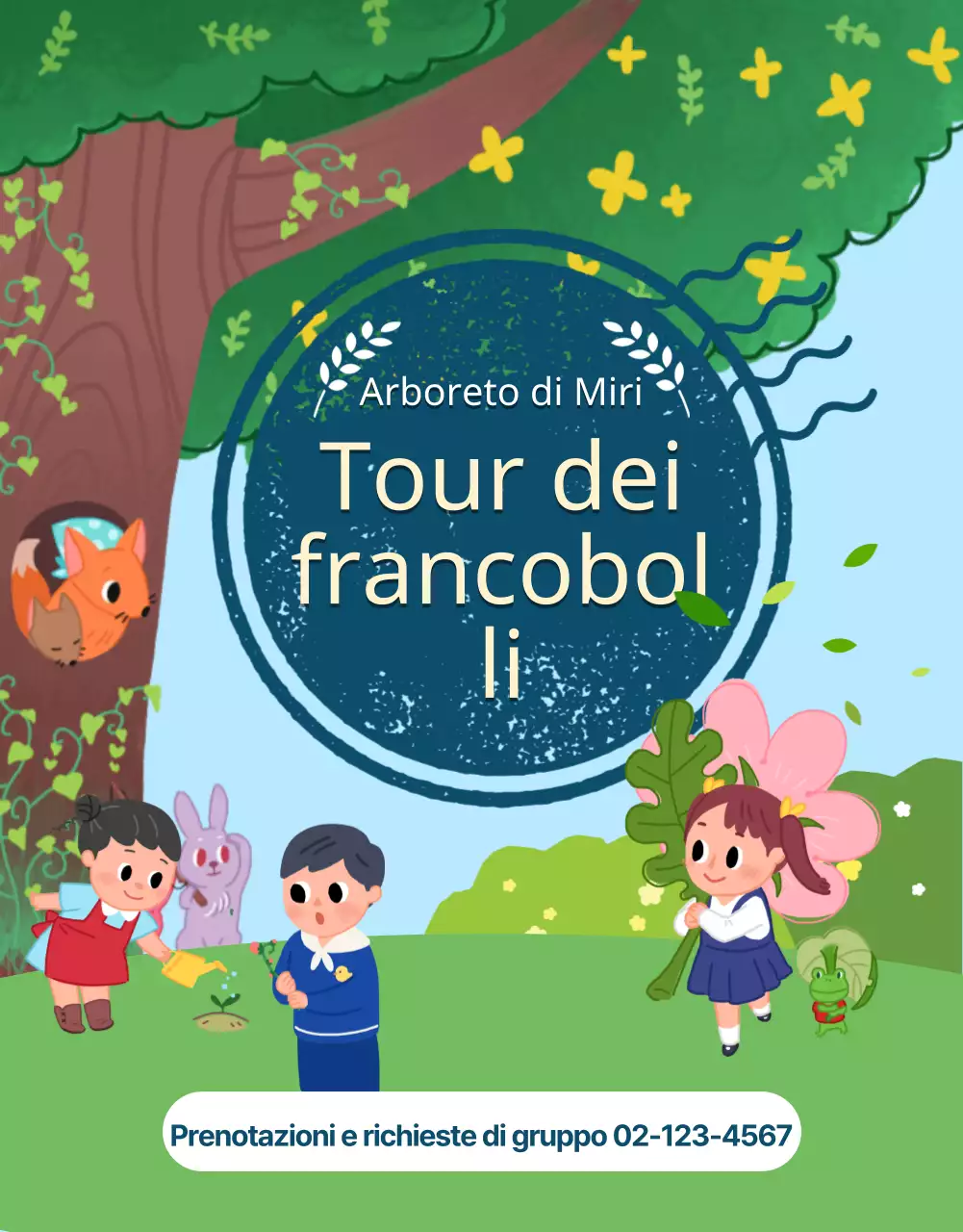 Tour dei francobolli dell'Arboretum con simpatiche illustrazioni per bambini