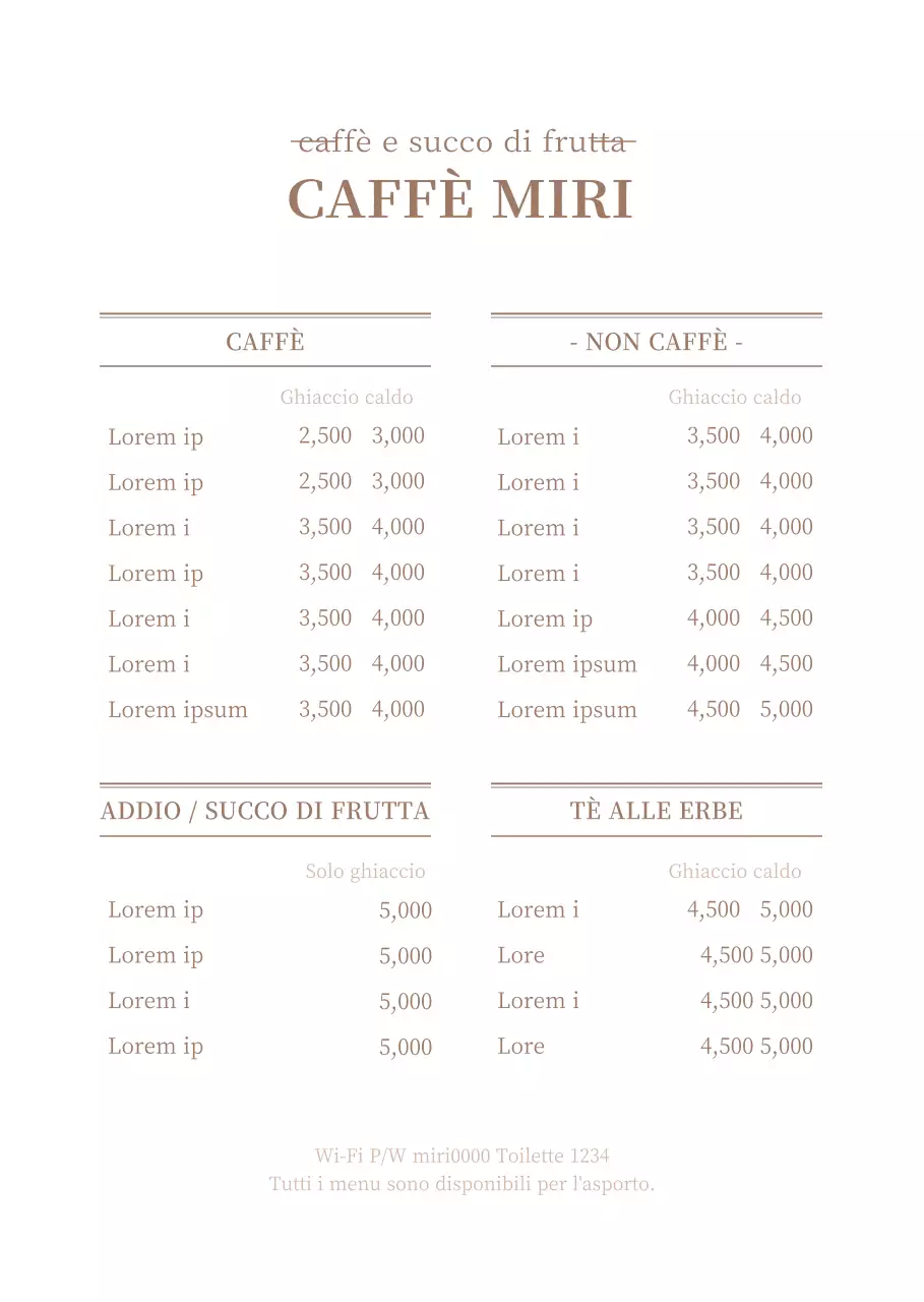 Un menu pulito, bianco e marrone, con un listino prezzi.