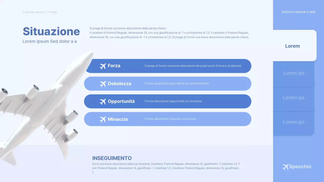 Concetto di aereo tridimensionale azzurro brief pubblicitario della compagnia aerea