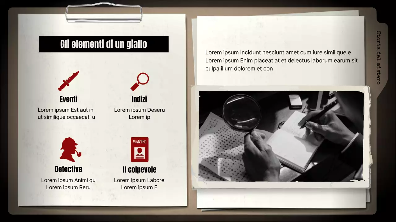 Analisi di romanzi gialli con sfondi neri e schedari marroni