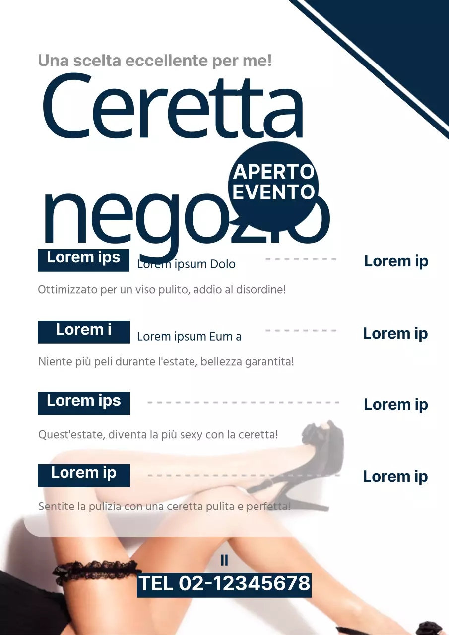 Semplice cartellone del menu del salone di ceretta con una foto di un modello di gamba blu navy