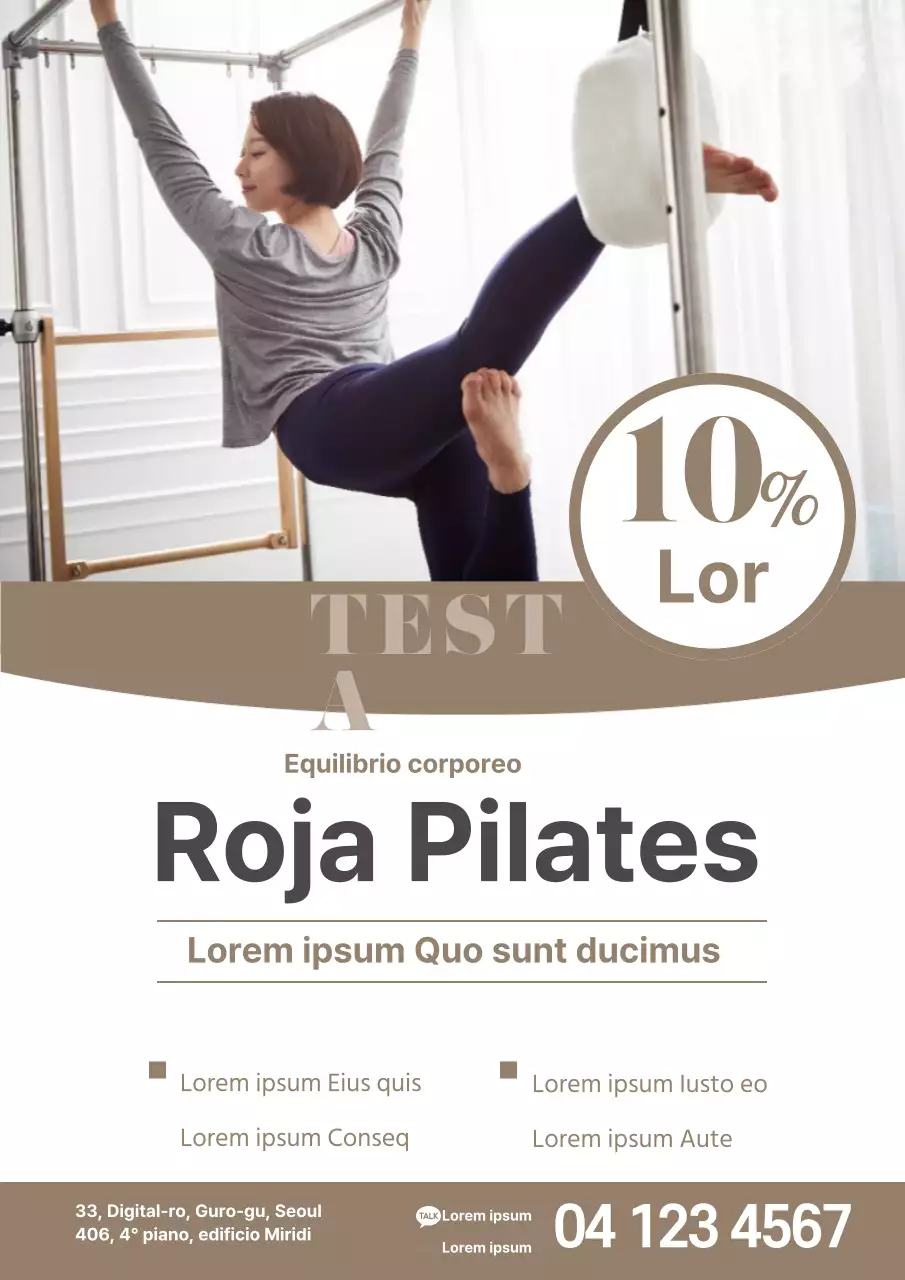 Materiale promozionale della scuola con una foto di voi che fate Pilates su una macchina beige.