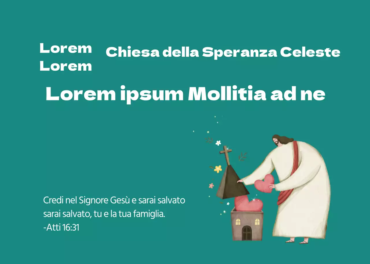 Illustrazione del personaggio verde per la promozione della chiesa