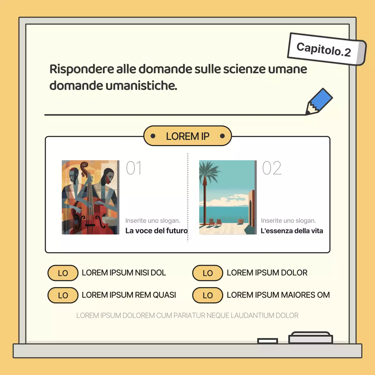Lezione di scienze umane con illustrazione della lavagna giallo-blu per gli studenti