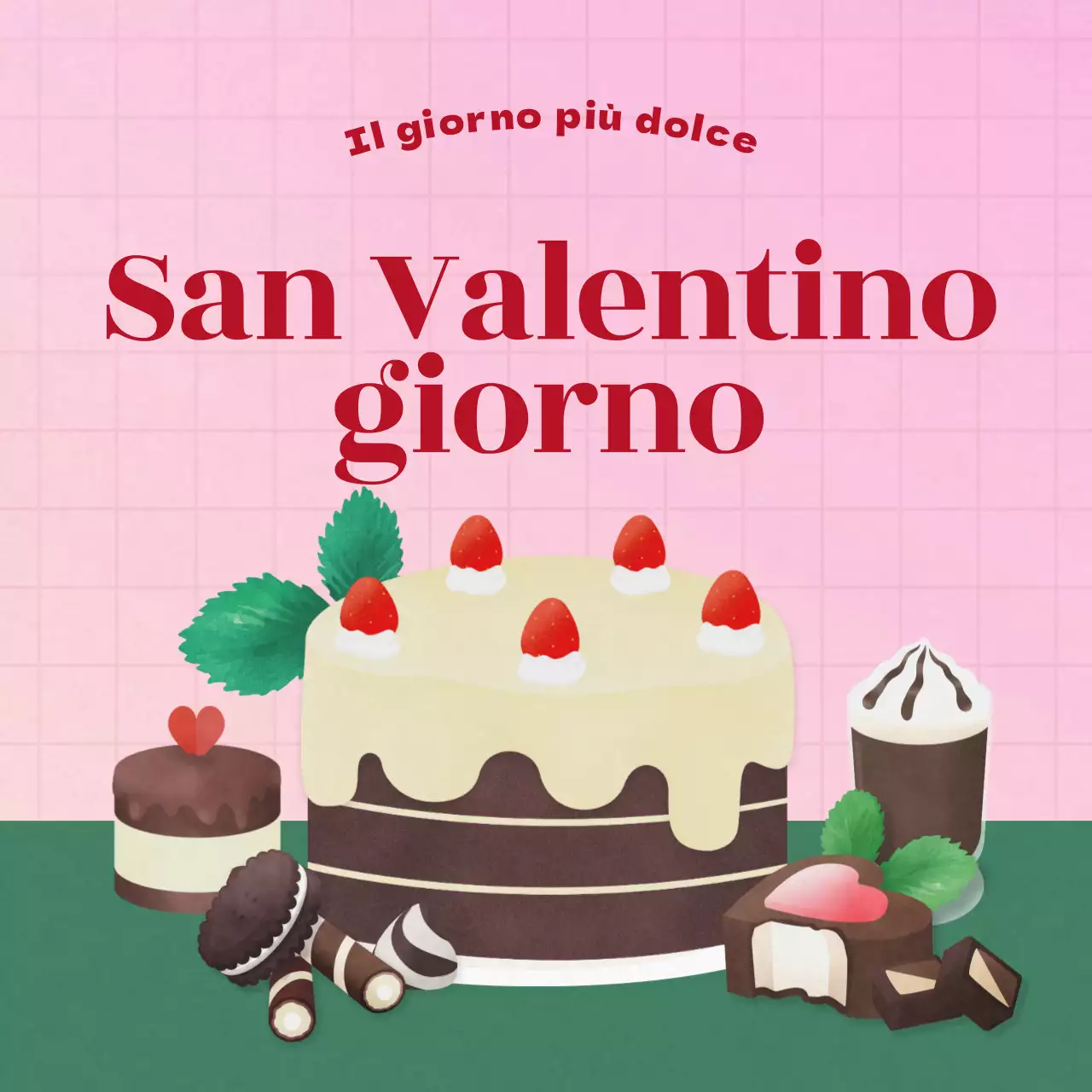 Kit da dessert al cioccolato per San Valentino, luminoso, dolce e fresco, nei colori rosa e verde intenso.