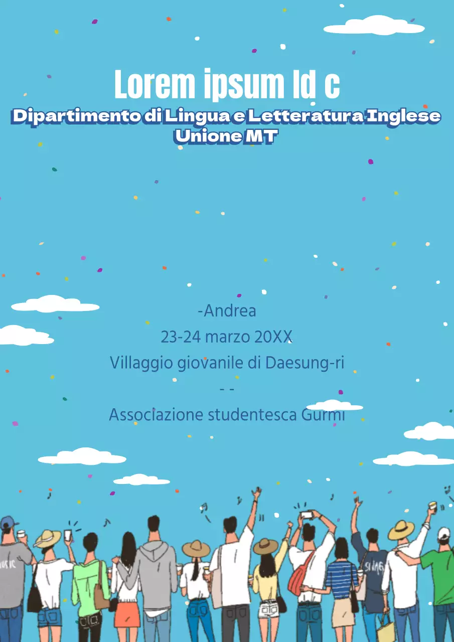 Promuovete un campo estivo universitario colorato e simpatico con un'illustrazione azzurra del fondoschiena degli studenti