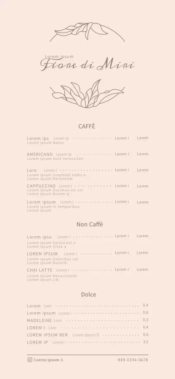 Prezzi del menu per un concept cafè con illustrazioni sentimentali in rosa chiaro e marrone.