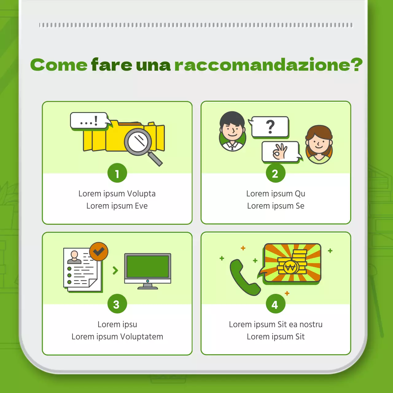 Illustrazione di linea semplice verde e tema della combinazione di schede dei dipendenti in 3D per l'introduzione del sistema di referral interno