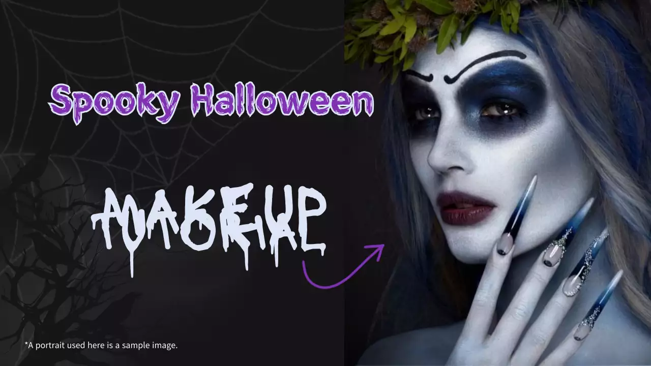 검은색과 보라색 판타지 할로윈 메이크업 튜토리얼 광고
