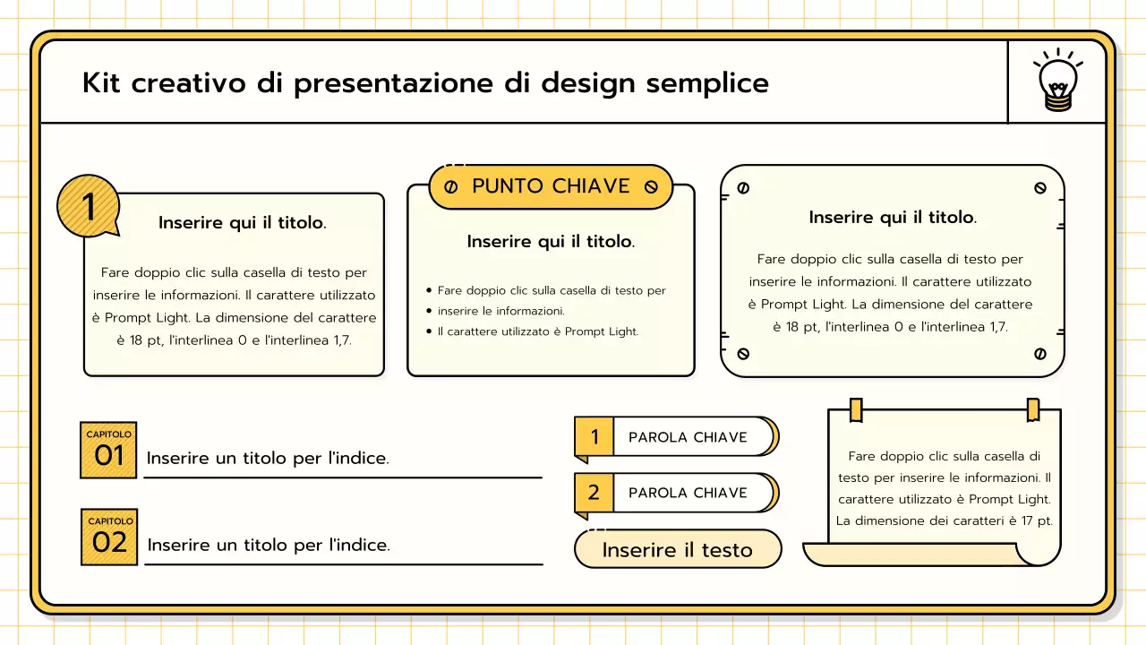 Un kit di presentazione di base nei colori giallo, verde lime e blu.