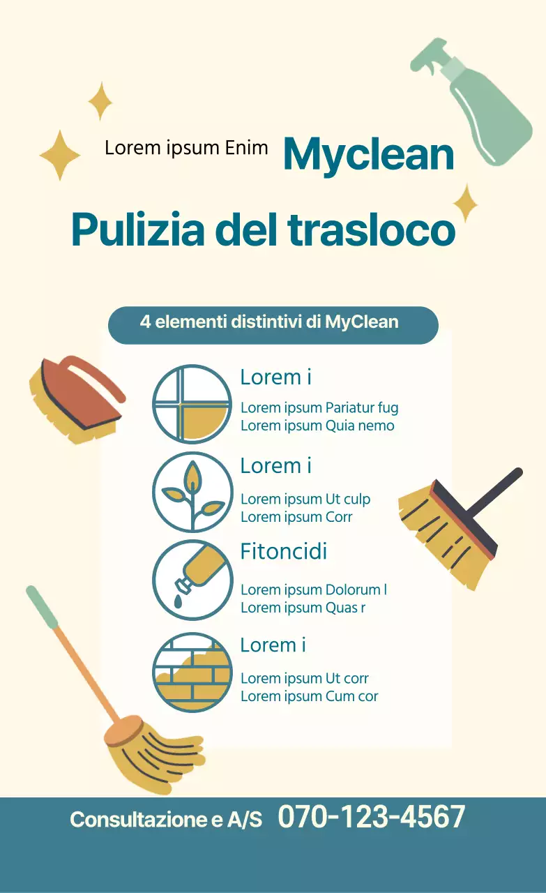 Illustrazione blu e gialla che promuove un servizio di pulizia ordinata del trasloco