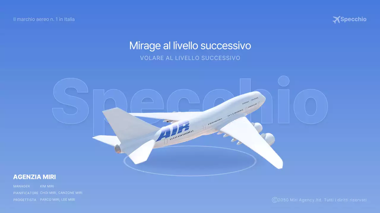 Concetto di aereo tridimensionale azzurro brief pubblicitario della compagnia aerea