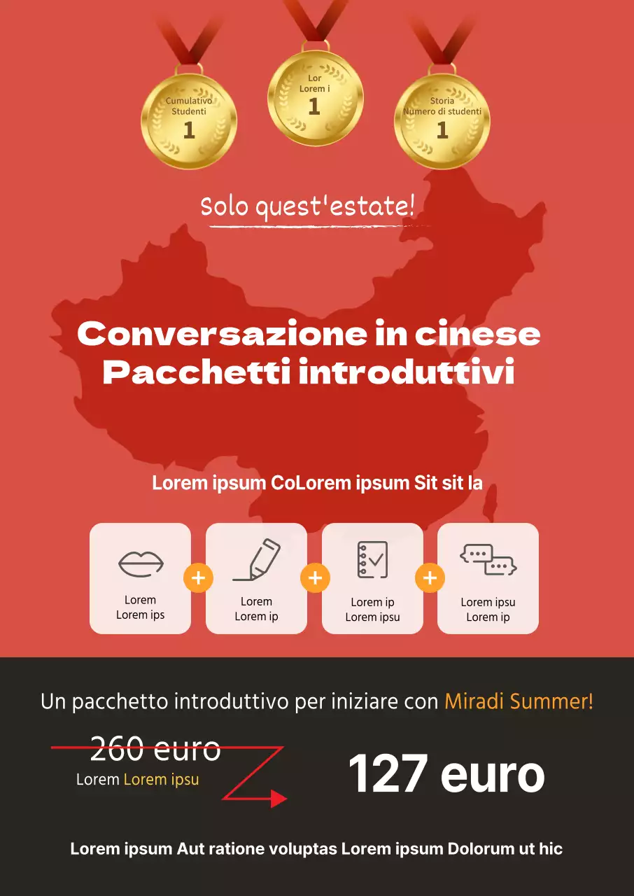 Poster ritratto per una scuola che promuove un pacchetto introduttivo di conversazione in cinese con un'illustrazione di mappa in rosso.