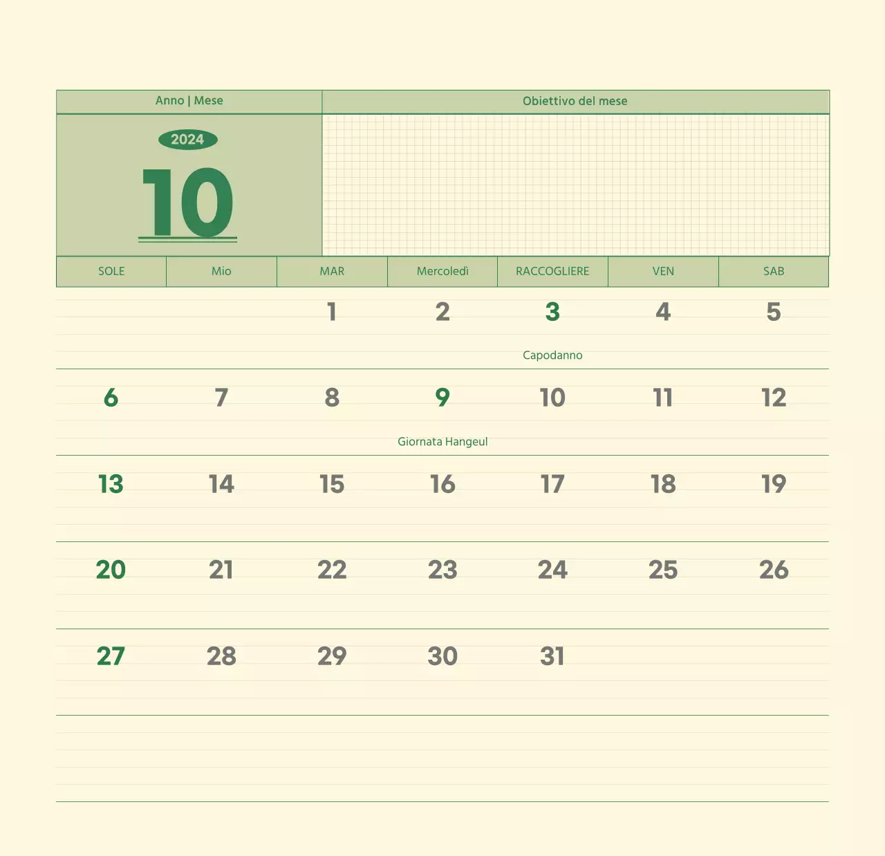 Calendario da parete SAT D-day concept in verde e giallo chiaro