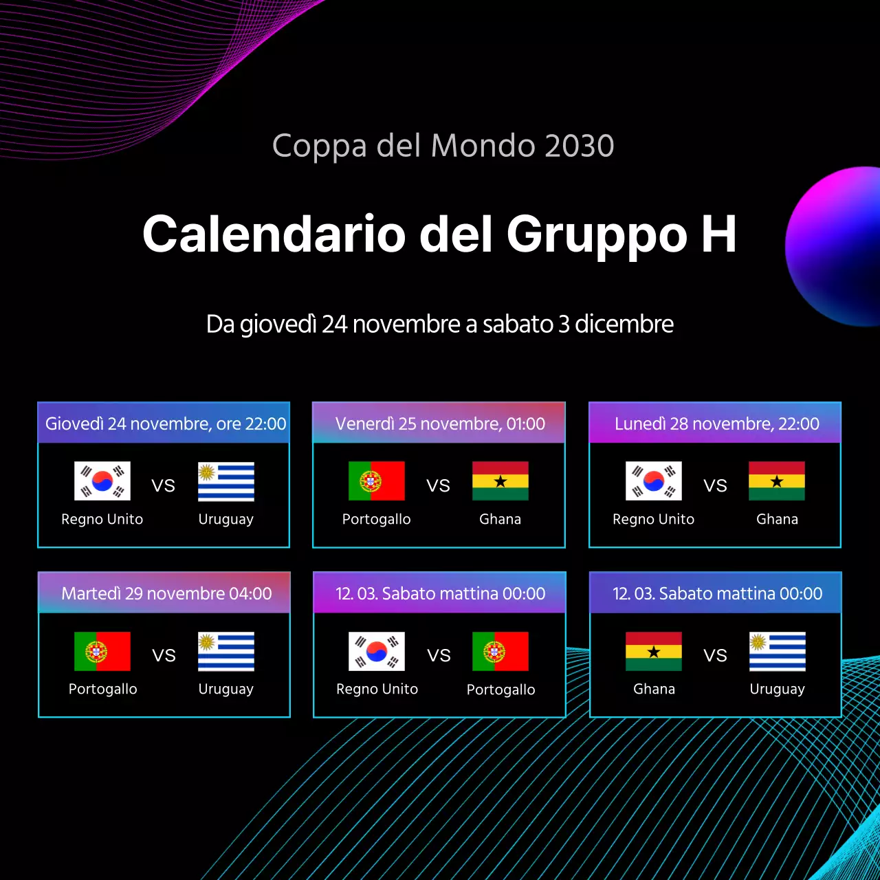 Calendario delle partite con grafica a linee su sfondo nero