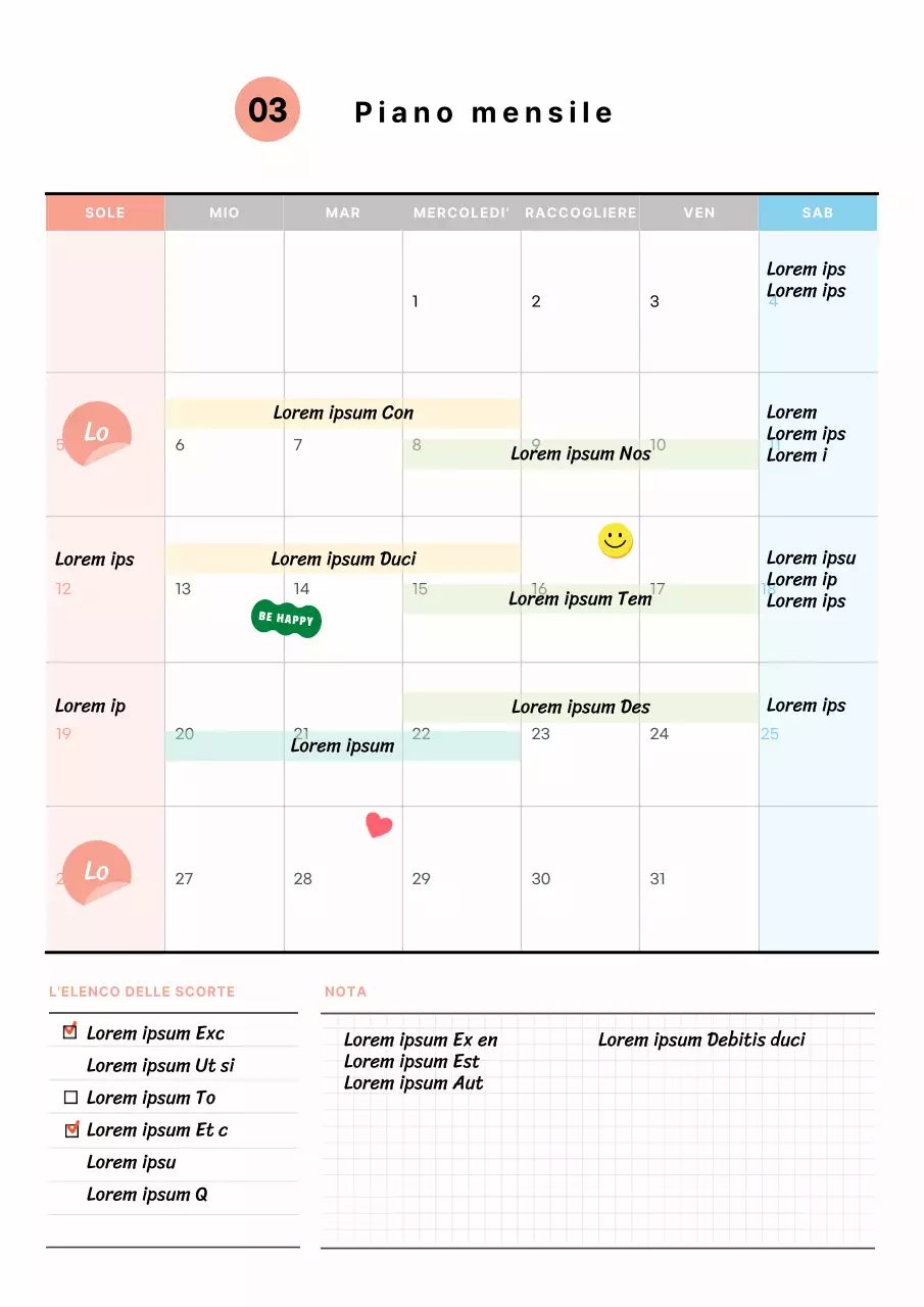 Modello di documento di piano di studio mensile con simpatici elementi adesivi illustrati