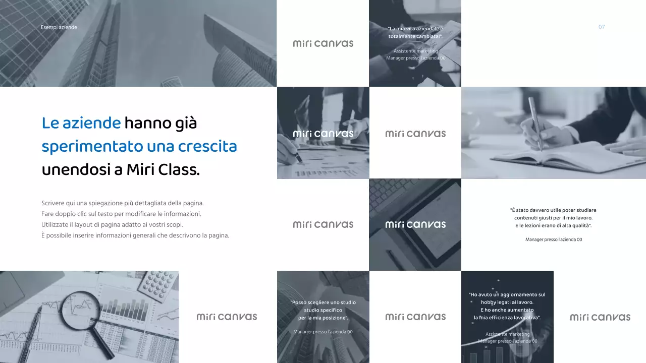 Presentazione di una proposta di servizi aziendali con una combinazione di colori blu chiaro