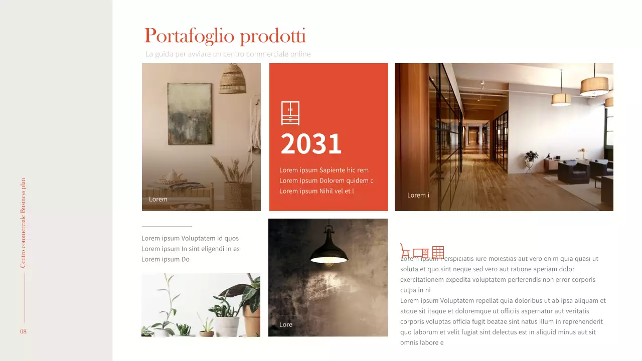 Interni semplici e caldi in arancione e marrone Business plan di un centro commerciale