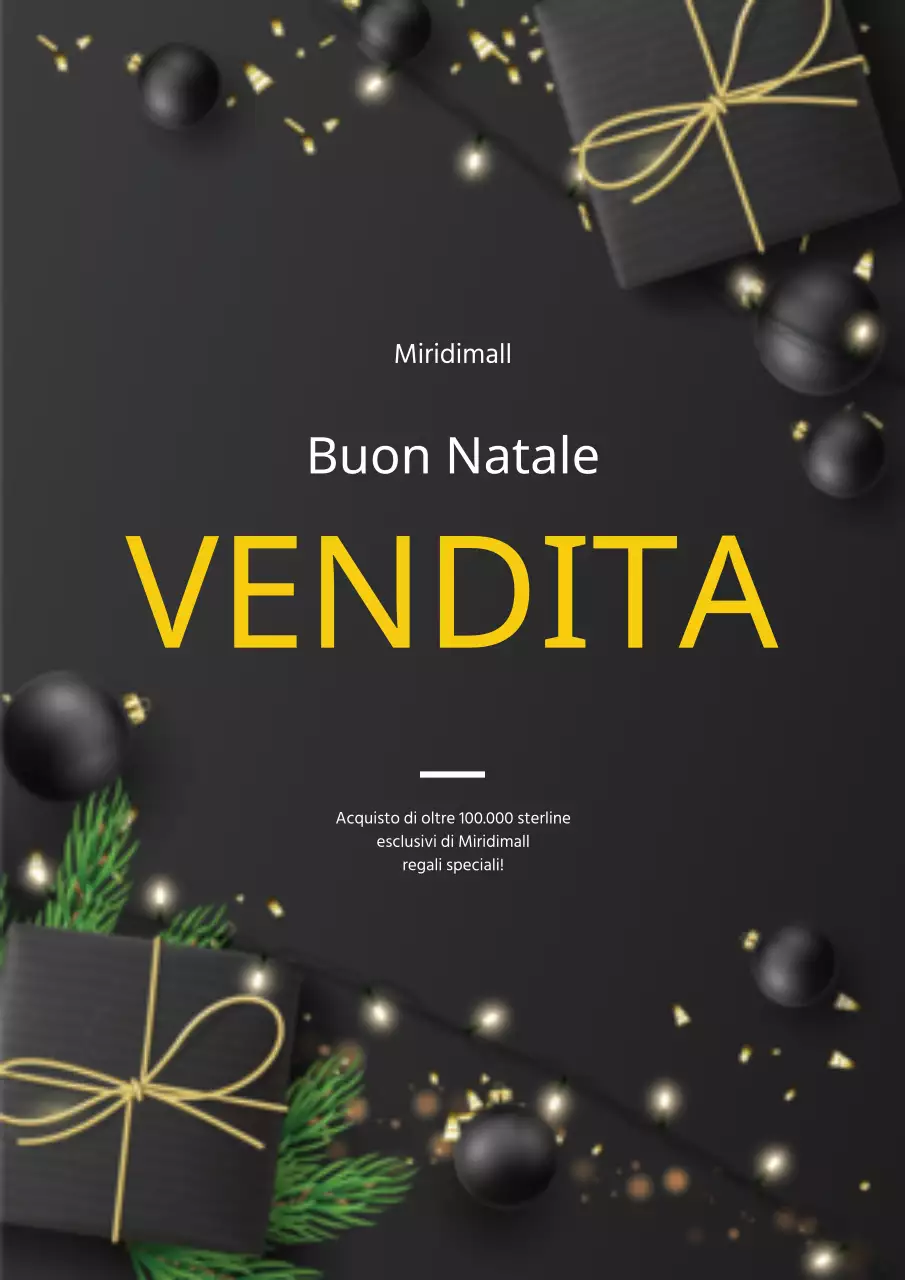 Elegante manifesto promozionale dei saldi natalizi del centro commerciale in nero e oro