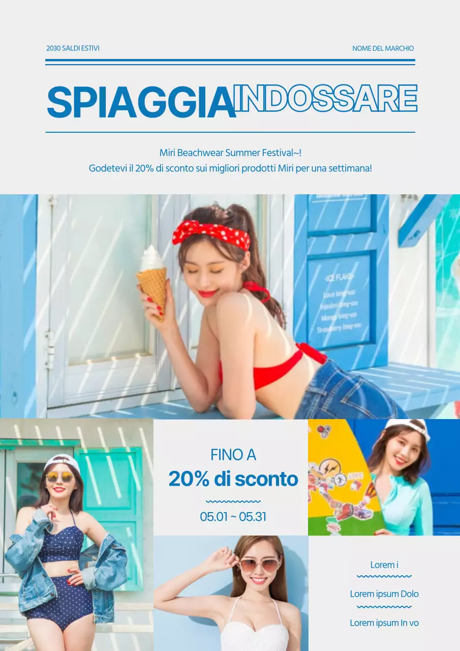 Poster promozionale per eventi estivi di moda mare in blu
