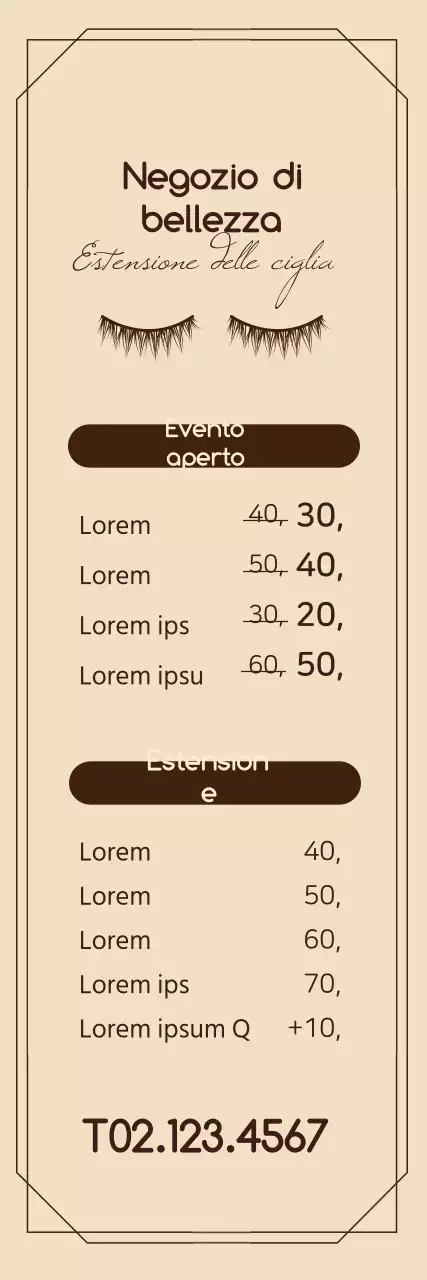 Negozio di bellezza con cornice semplice in marrone e abbronzatura chiara, prezzi per eventi