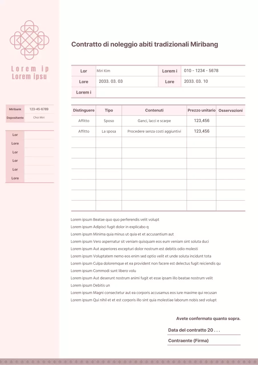 Modello di contratto di noleggio di hanbok tradizionale rosa pastello