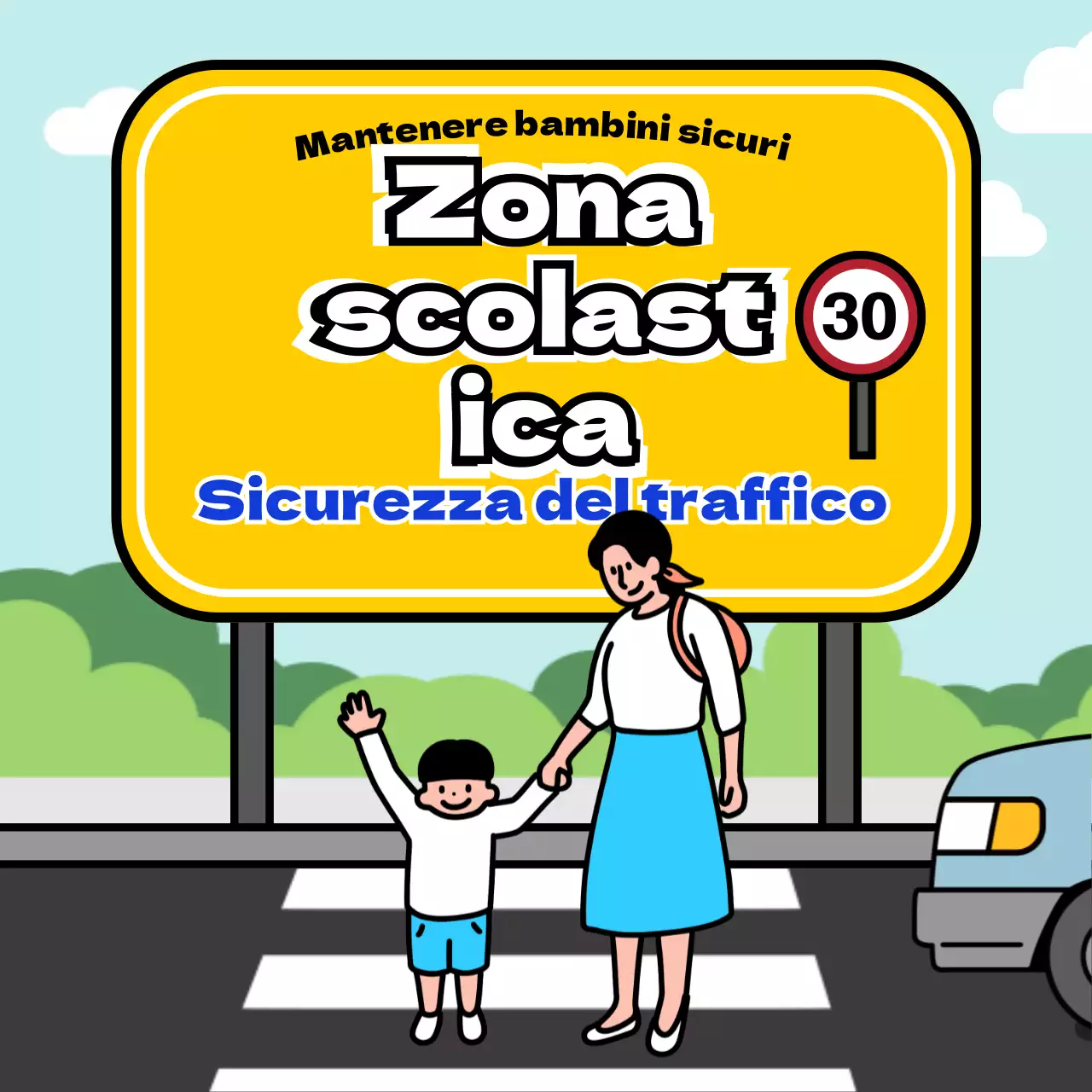 Consigli per la sicurezza del traffico nelle zone scolastiche con concetto di cartello giallo e blu
