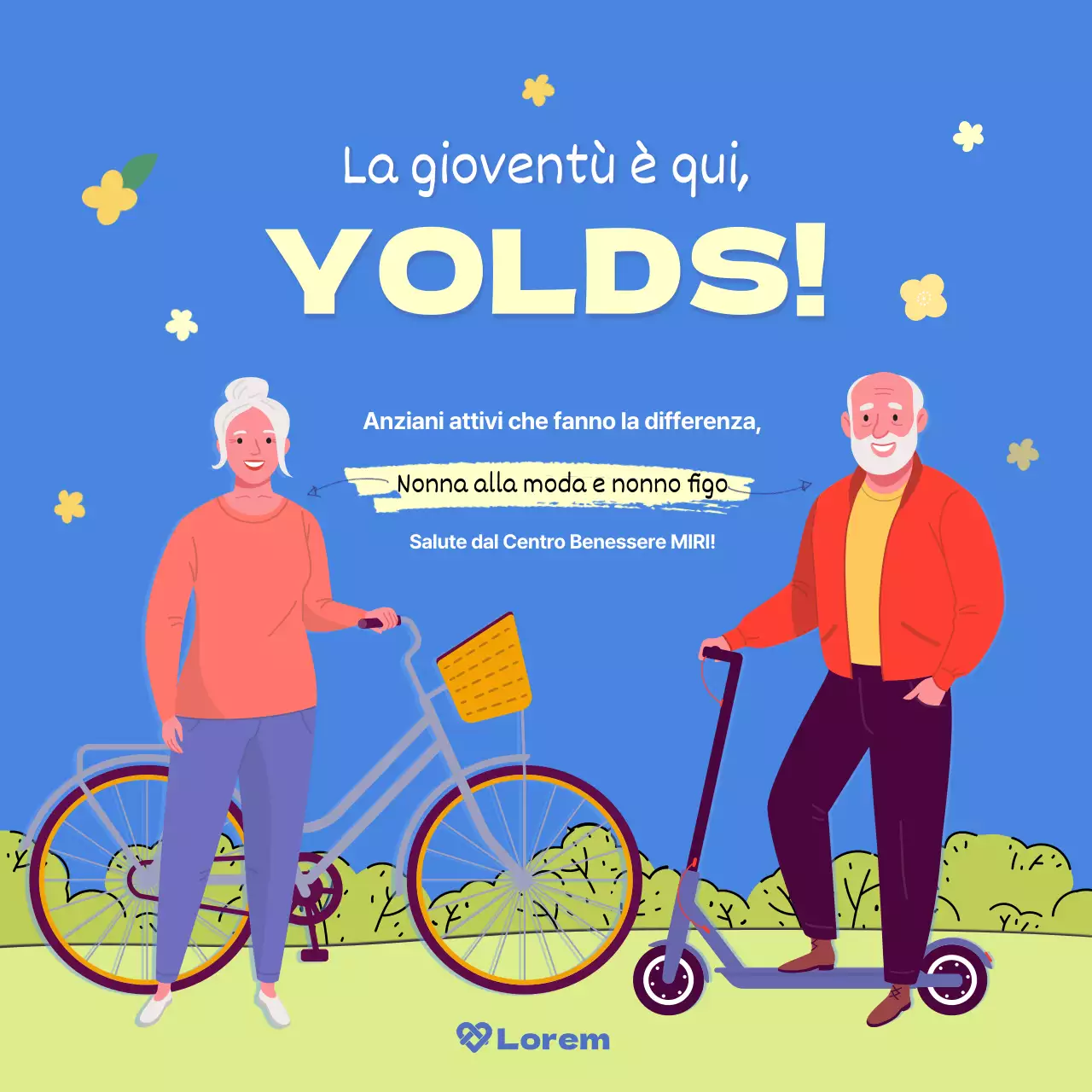 Un biglietto illustrato pulito con sfondo blu e azzurro per comunicare informazioni alle giovani generazioni.