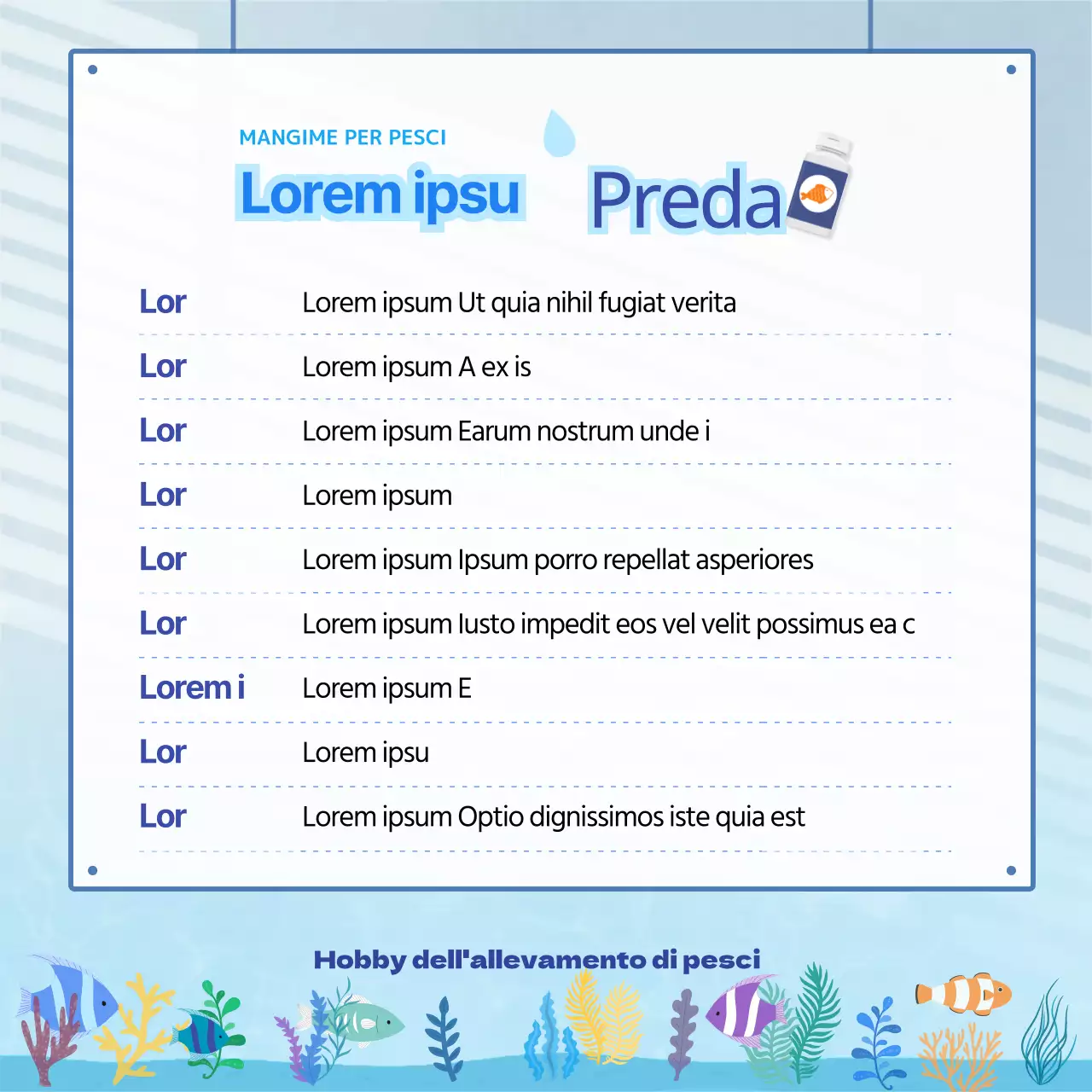 Sfondo acquario con molti pesci blu ondulati, glossario vita acquatica CardNews