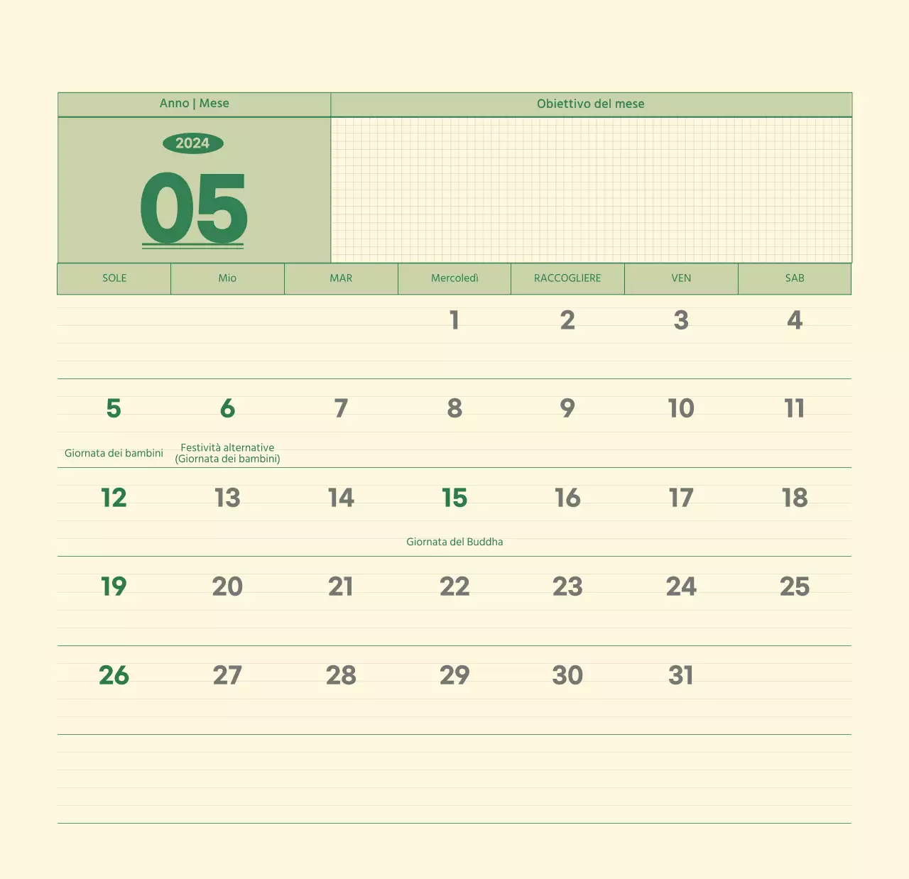 Calendario da parete SAT D-day concept in verde e giallo chiaro