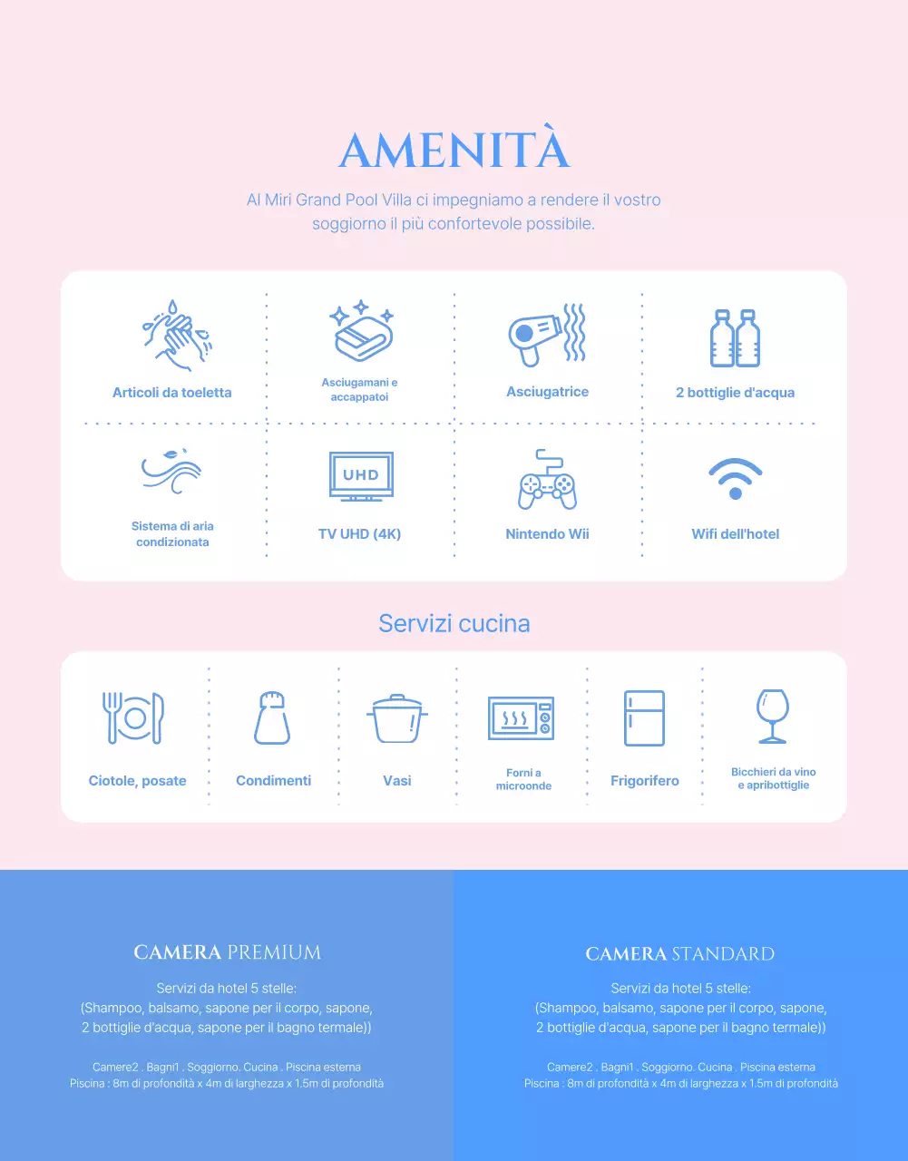 Come prenotare una villa con piscina con uno schema di colori a contrasto rosa pallido e blu freddo