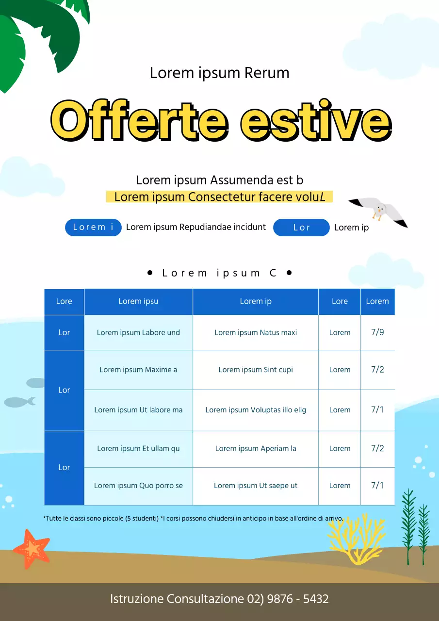 Un simpatico volantino dai toni blu che annuncia il programma delle vacanze estive.