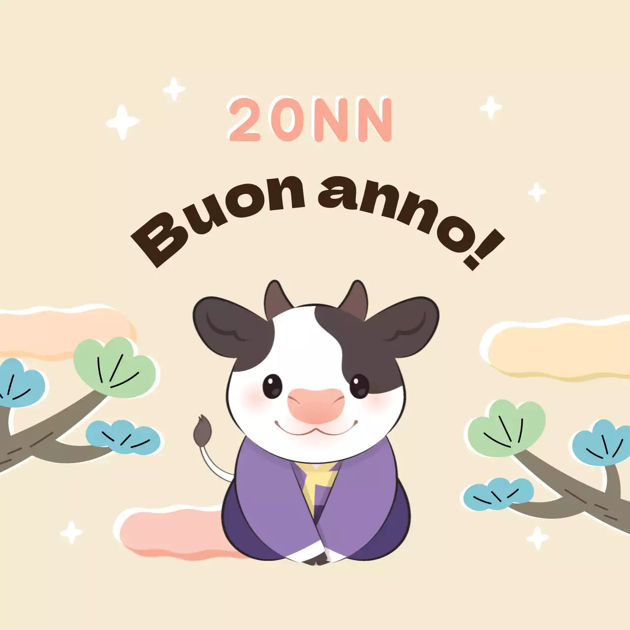 Rosa viola illustrazione carino nuovo anno etichetta di auguri