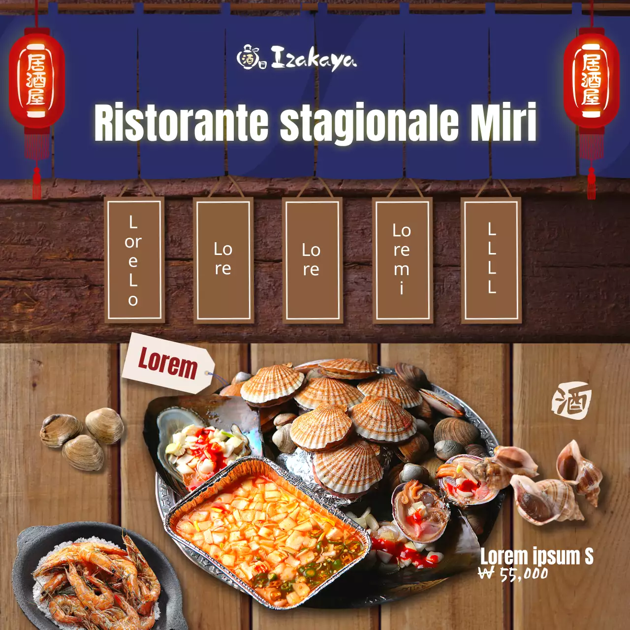 Un izakaya stagionale con un'atmosfera da izakaya giapponese in blu navy e marrone Social Media